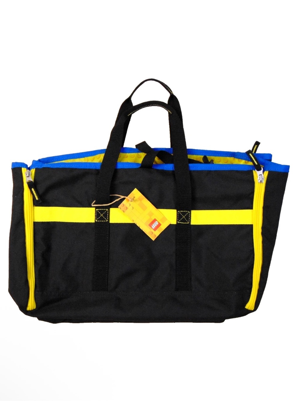NEW, Lego Canvas Tote Bag Expandable Large Black Yellow & Blue Buckle Closure